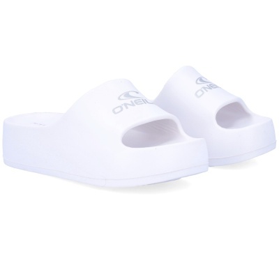 Chinelos brancos tipo slide com logo ONeill cinzento.