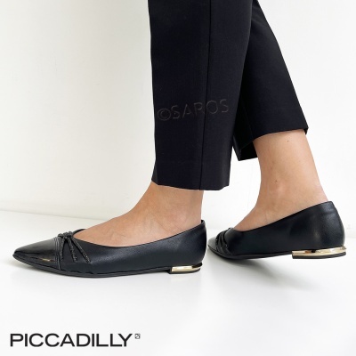 Sabrinas femininas pretas em pele com laço e salto baixo com detalhe dourado