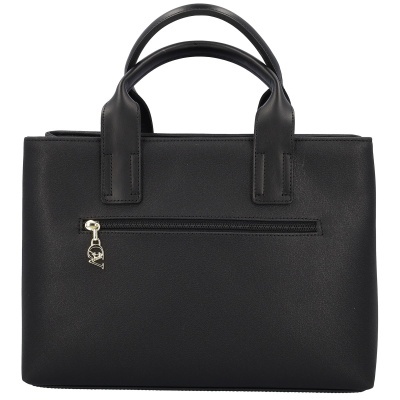 Mala de mão preta com fecho frontal e alças curtas