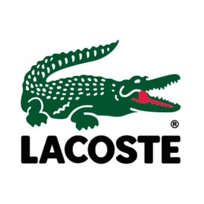 Logótipo verde de crocodilo com texto LACOSTE em preto.