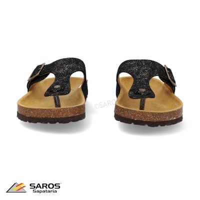 Sandálias tipo chinelo com sola castanha e palas pretas com padrão branco