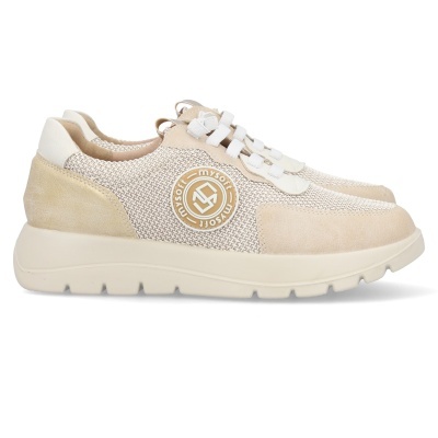 Ténis bege com detalhes em camurça e etiqueta mysoft