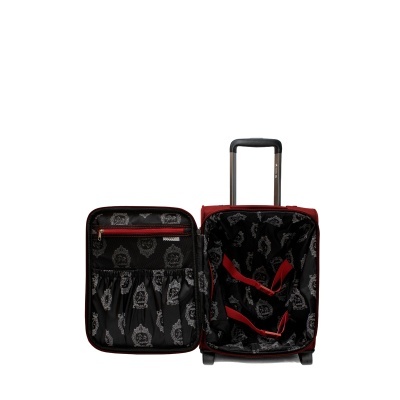 Mala de viagem vermelha aberta mostrando interior preto estampado e compartimentos