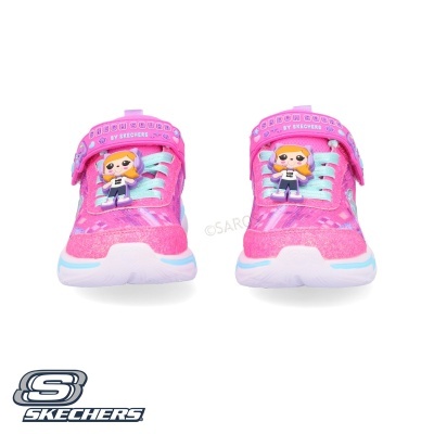 Ténis infantis rosa e azul com velcro e personagem animada Skechers