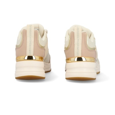 Sapatilhas desportivas femininas creme rosa e dourado vista de trás