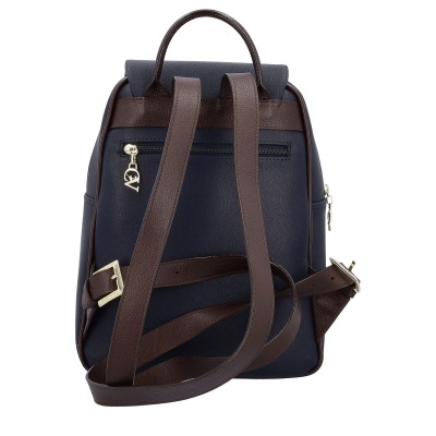 Mochila azul escura com alças e detalhes castanhos