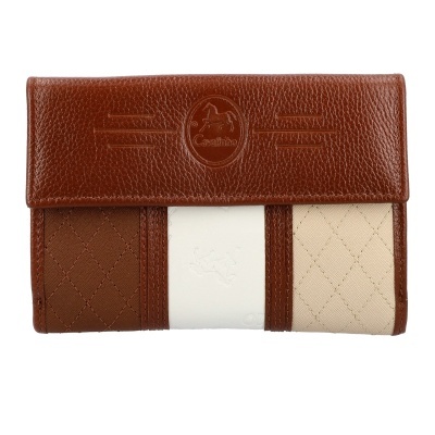 Carteira de couro castanho e tecido bege com detalhe branco e relevo de cavalo
