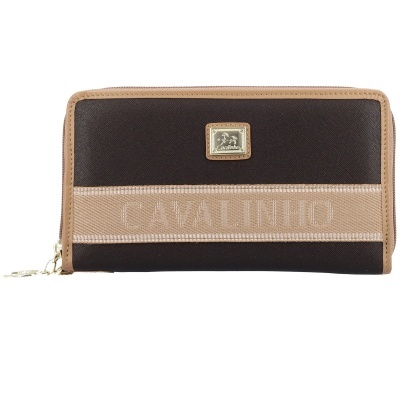 Carteira castanha e bege com texto Cavalinho e fecho dourado.