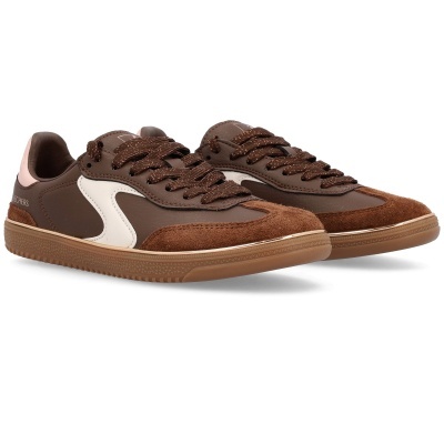 Ténis Skechers em castanho, branco e rosa com sola castanha