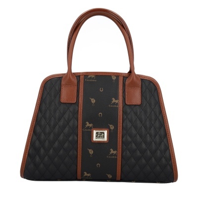 Mala de senhora preta e castanha com padrão acolchoado e logotipo Cavalinho