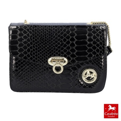 Mala preta padrão imitação pele de cobra com fecho e logótipo dourado