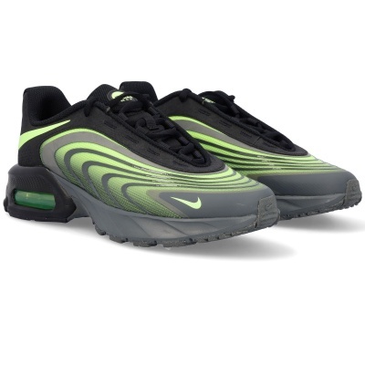 Sapatilhas Nike Air Max verde-limão, cinza e preto com padrão ondulado e sola robusta.