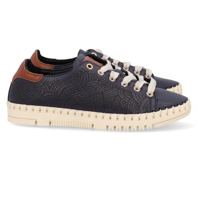 Sapatilhas casuais em couro azul com sola branca e reforço castanho