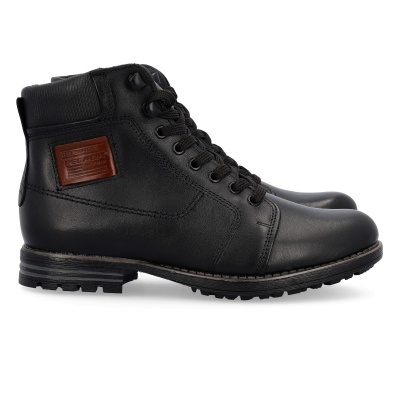 Botas de couro pretas com atacadores e detalhe castanho