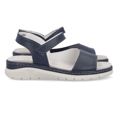 Sandálias em pele azul escura com sola branca e fecho em velcro