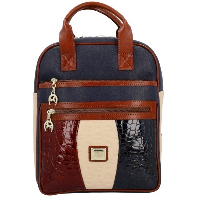 Mochila quadrada azul escuro com detalhes em couro castanho e painéis em pele texturada nas cores vinho, bege e preto.