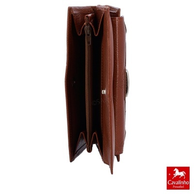 Carteira castanha de couro com fecho de correr interior e logo Cavalinho Penafiel