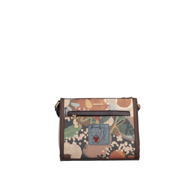 Bolsa de ombro com padrão abstrato e etiqueta de gato