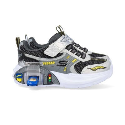 Ténis de criança cinza, preto e amarelo com carrinho azul integrado