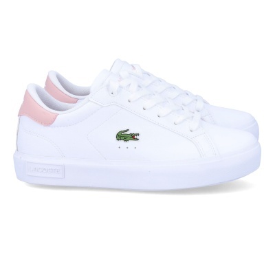 Ténis Lacoste brancos com logo de crocodilo verde e detalhes rosas