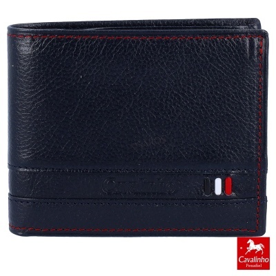 Carteira masculina em pele azul escura com costuras vermelhas e detalhes coloridos