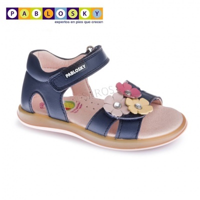 Sandália infantil azul escuro com flores em couro e velcro PABLOSKY