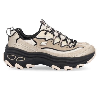 Tênis Skechers bege, preto e branco com sola grossa preta