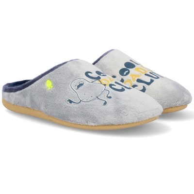 Chinelos cinza com desenhos de cão e texto Cool Dog Club