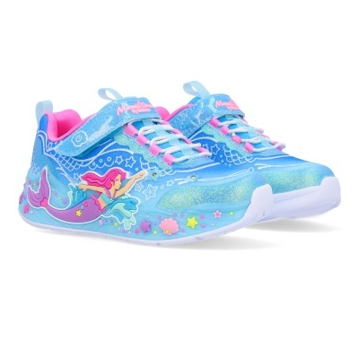 Ténis infantis azuis com padrão de sereia e texto Mermaid Dream