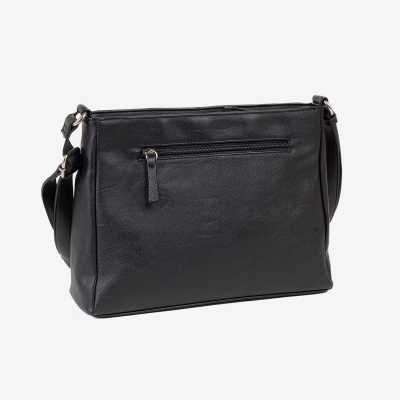 Mala preta sintética com alça ajustável e fecho frontal