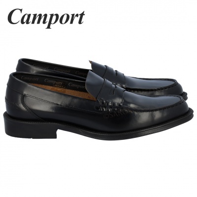 Sapatos mocassins pretos em pele com o logo Camport