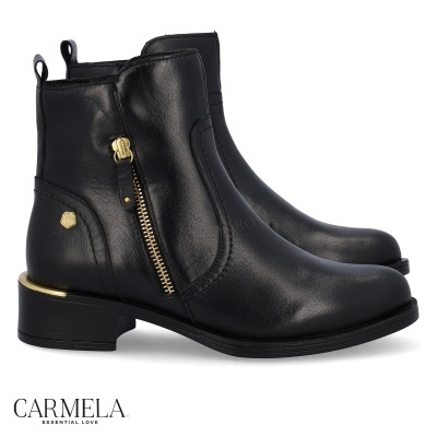 Botas pretas em couro com fecho de correr dourado e detalhes dourados na sola