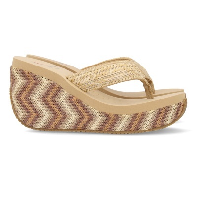 Sandália cunha bege com padrão trançado castanho e branco
