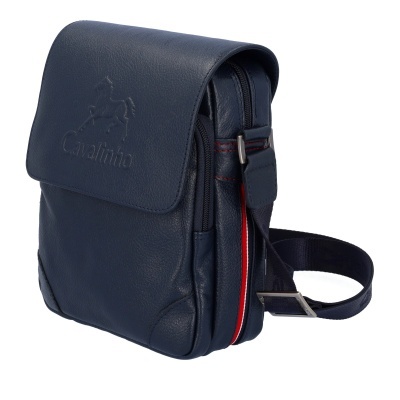 Mala de ombro pequena azul escura em pele com logo gravado e alça preta