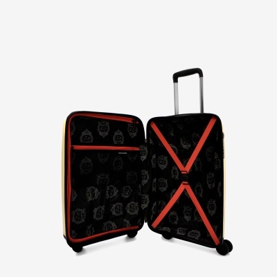 Mala de viagem rígida amarela aberta com interior preto, padrão cinzento e vermelho