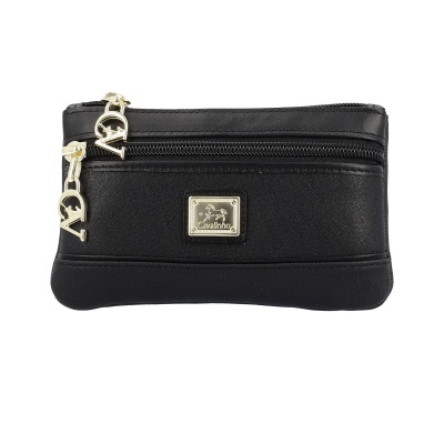 Carteira preta com fechos e placa metálica dourada com texto Cavalinho