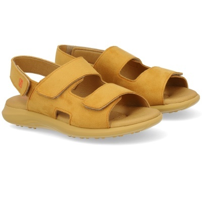 Sandálias amarelas em camurça com fecho velcro e sola de borracha