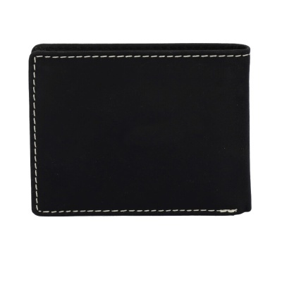 Carteira masculina preta em pele com costura branca