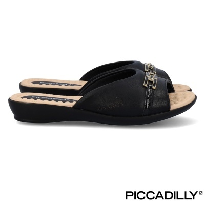 Sandálias pretas de senhora com pedrarias e palmilha bege acolchoada