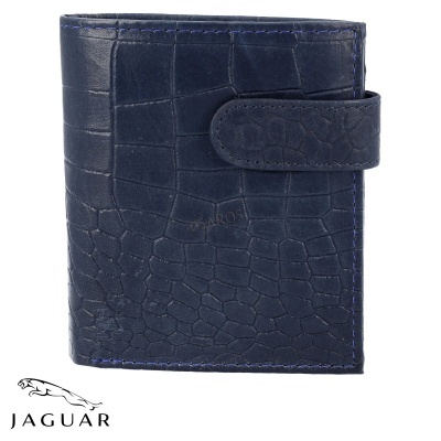 Carteira em couro azul com padrão tipo pele de crocodilo e fecho de aba ajustável