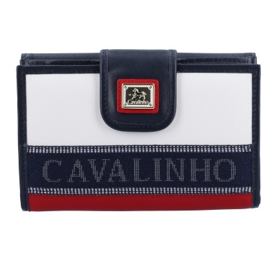 Carteira Cavalinho em tecido branco com couro azul e detalhe vermelho