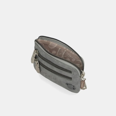 Carteira cinzenta com fechos de correr e padrão interior