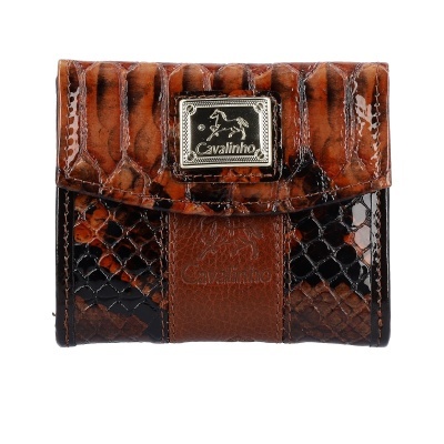 Carteira Cavalinho castanha com padrão de pele de réptil e placa metálica