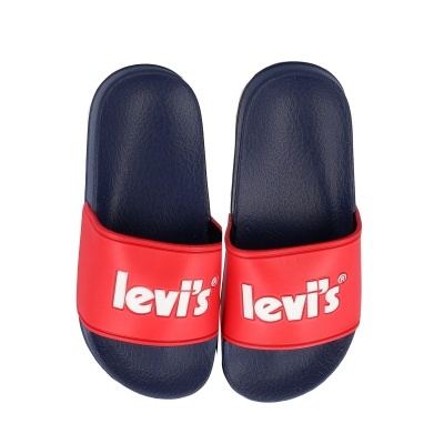 Chinelos Levi's azul escuro com tira vermelha e logo branco
