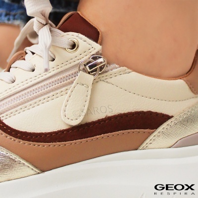 Tênis Geox bege, castanho e dourado com atacadores e fecho de correr