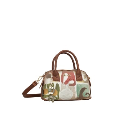 Mala de mão pequena com padrão abstrato e alças castanhas