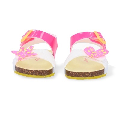 Sandálias infantis rosa e branco com borboleta e sola amarela