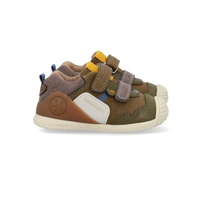 Sapatilhas infantis castanho, verde, amarelo com fecho velcro e texto biomecanics