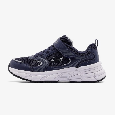 Ténis desportivos Skechers azul marinho com sola branca e velcro.
