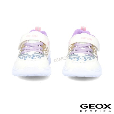 Sapatilhas Geox brancas com detalhes lilás e rosa e fecho em velcro